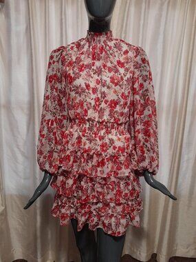 1 State Women's Mini Chiffon Floral Tiered Ruffled Romantic Dress Size L